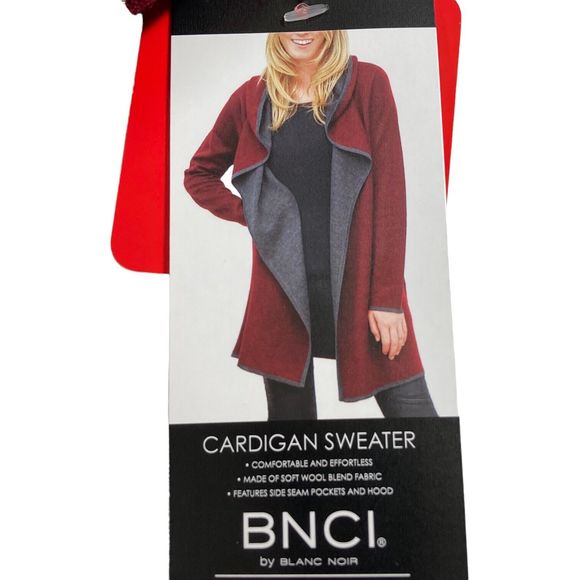 BNCI Blanc Noir Womens M Open Front Cardigan Wool Blend Burgundy/Gray NWT - Picture 7 of 8